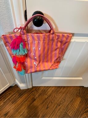 Striped Pink & Orange Tote Satchel with Colorful Tassel